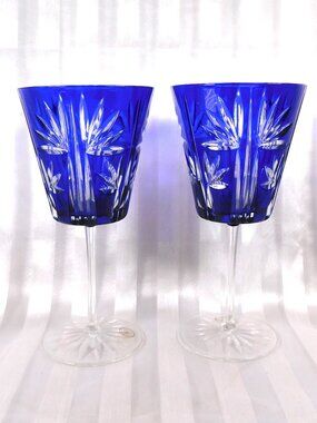 Pair of AJKA Blue Cut to Clear Crystal Stemware # 23461